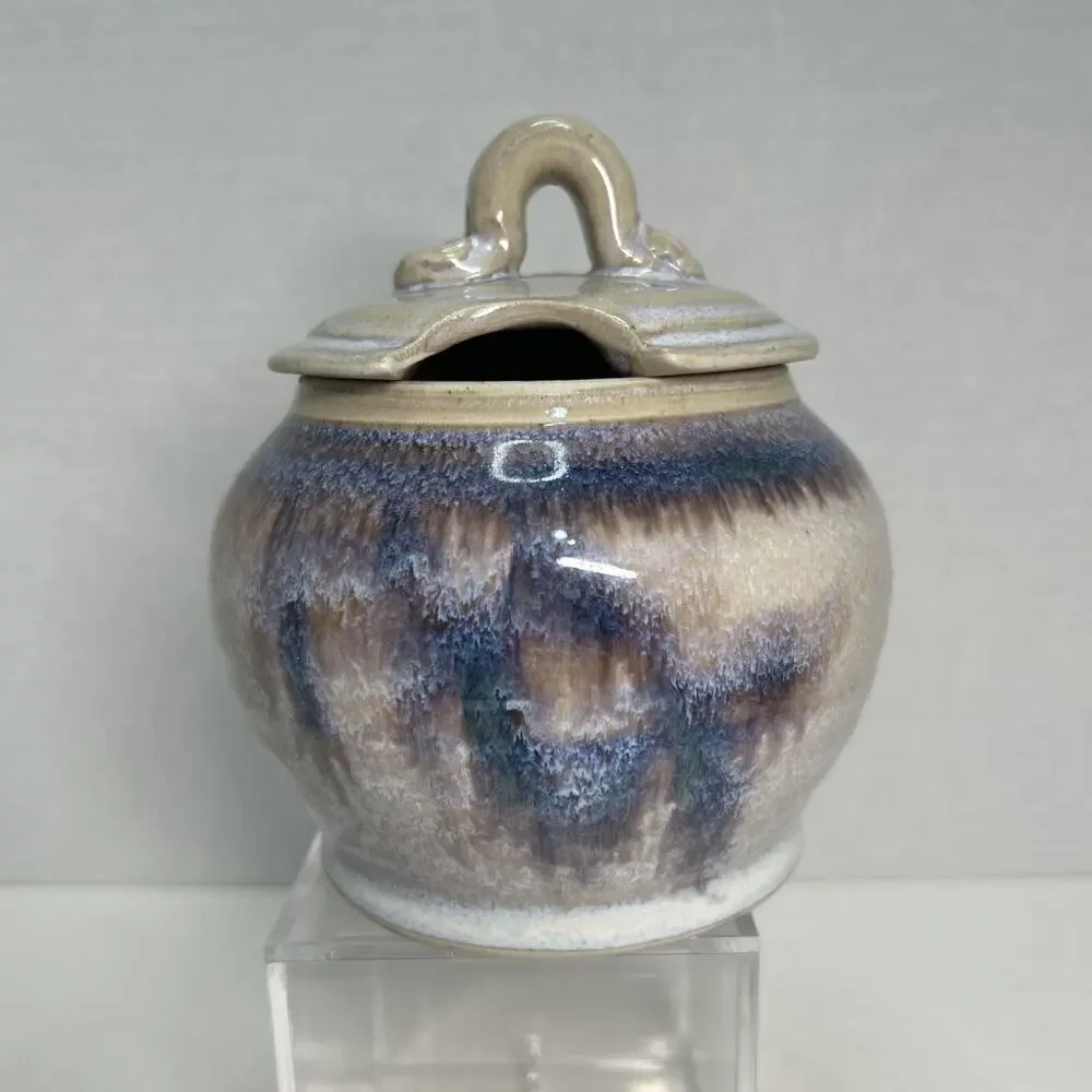 Pearsall Stoneware Art Studio Pottery Lidded Honey Pot / Jam Jar Blue Drip Glaze